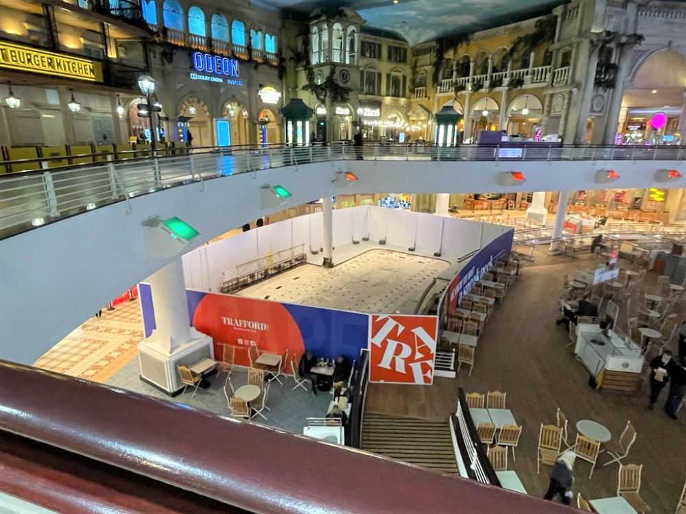 Kwik-Klik Freestanding PVC hoarding with branded graphics at the Trafford Centre, Manchester