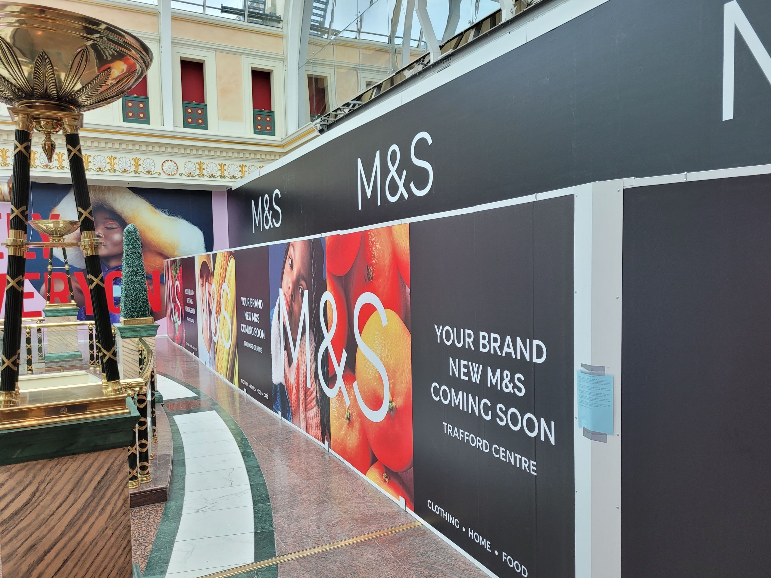 Kwik-Klik Fire Rated hoarding with M&S graphics at the Trafford Centre